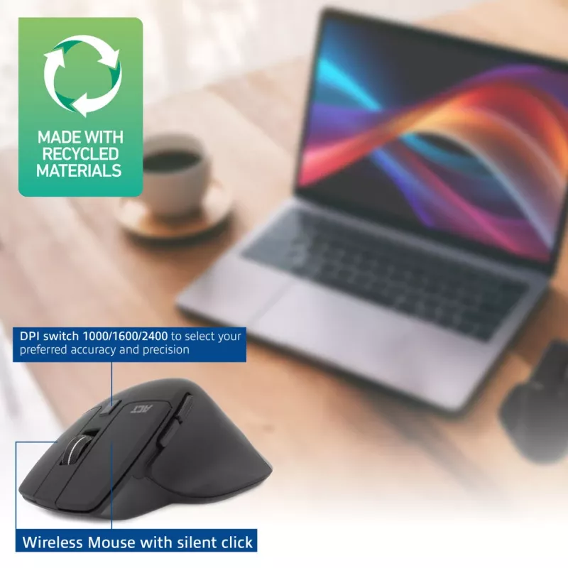 ACT langaton Multi-Connect-hiiri Bluetooth tai USB-A-vastaanotin, 2400 DPI hiljaisella klikkauksella, ympäristöystävällinen