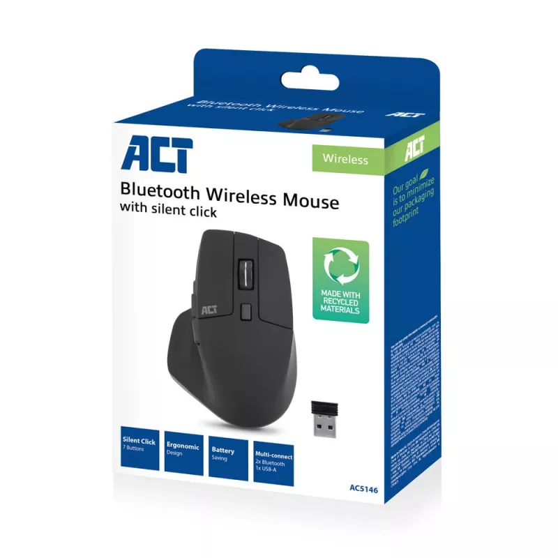 ACT langaton Multi-Connect-hiiri Bluetooth tai USB-A-vastaanotin, 2400 DPI hiljaisella klikkauksella, ympäristöystävällinen