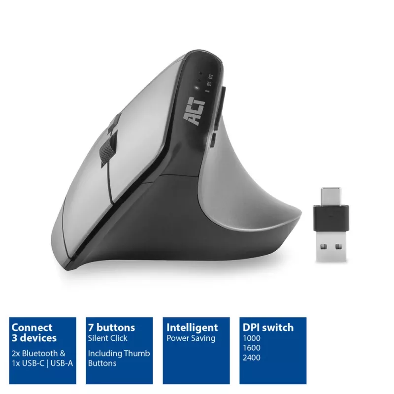 ACT langaton ergonominen hiiri Bluetoothilla ja USB-C/USB-A