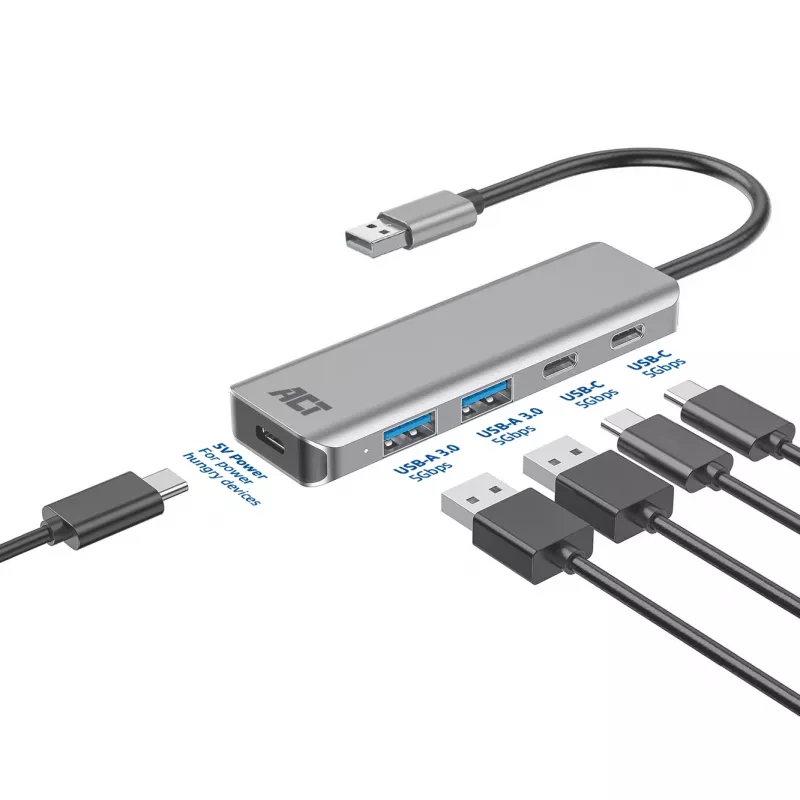 USB-keskitin ACT AC6125 3.2 Gen 1 Type-A 5000 Mbit/s harmaa