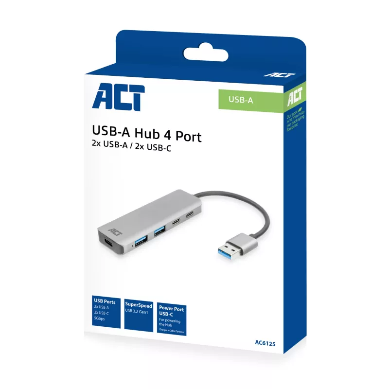 USB-keskitin ACT AC6125 3.2 Gen 1 Type-A 5000 Mbit/s harmaa