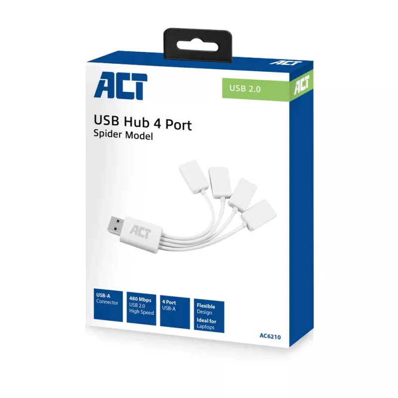ACT USB-keskitin 4 porttia USB-A joustava USB 3.2 Gen 1 valkoinen 480 Mbit/s