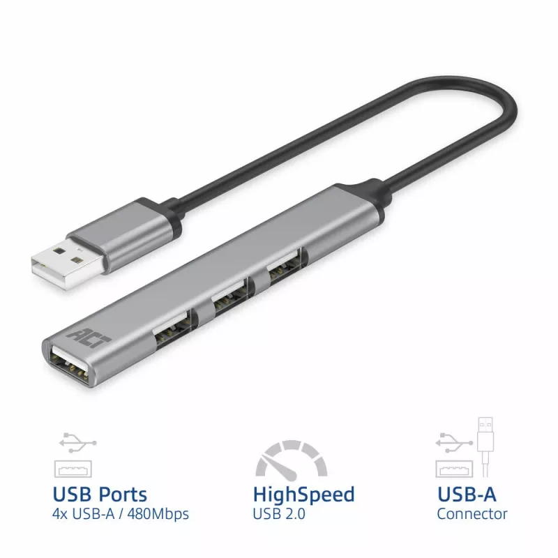 ACT AC6225 USB 2.0 -keskitin 480 Mbit/s harmaa alumiini