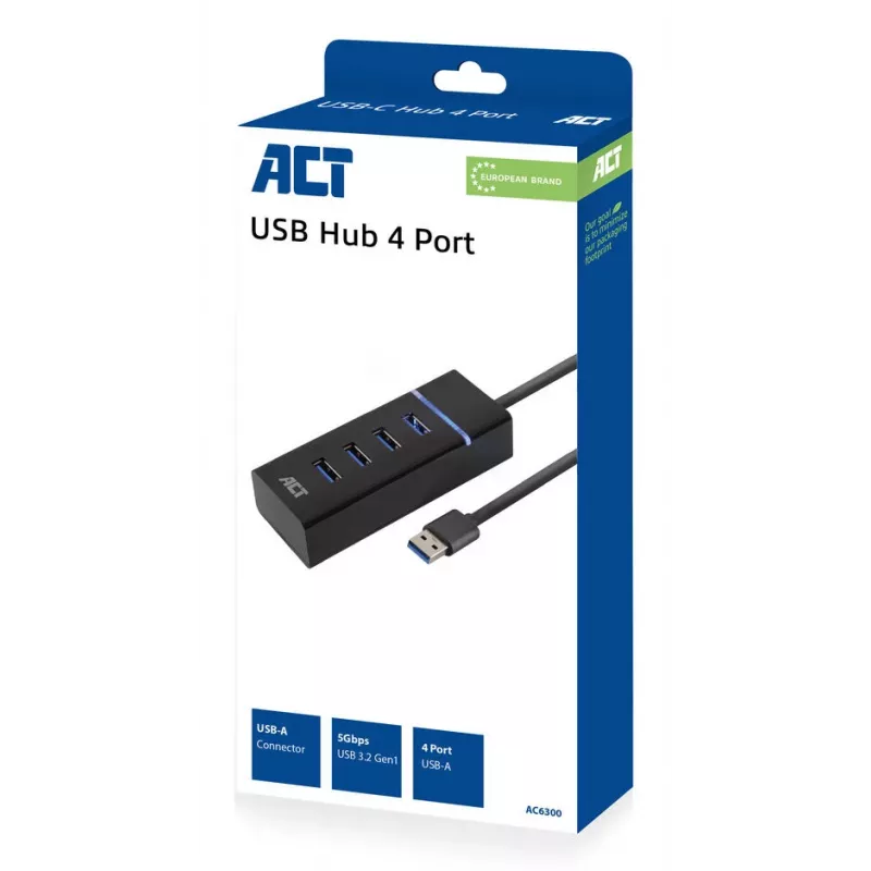 ACT AC6300 USB 3.2 Gen 1 -keskitin Type-A 5000 Mbit/s musta