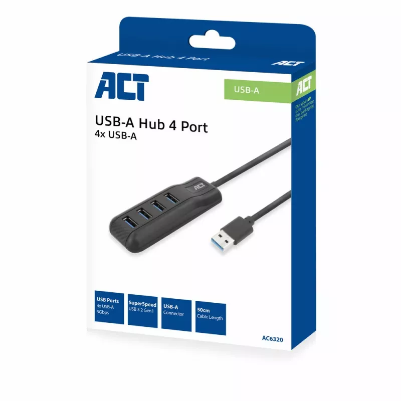 ACT AC6320 USB-keskitin USB 3.2 Gen 1 (3.1 Gen 1) Type-A 5000 Mbit/s musta