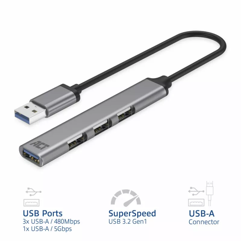 ACT AC6325 USB 3.2 Gen 1 Type-A -keskitin 5000 Mbit/s harmaa