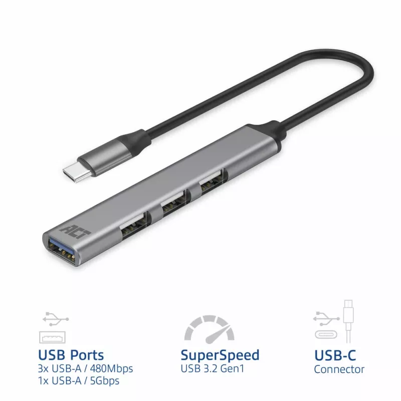 USB-keskitin ACT AC6425 Type-C 5000 Mbit/s alumiini harmaa
