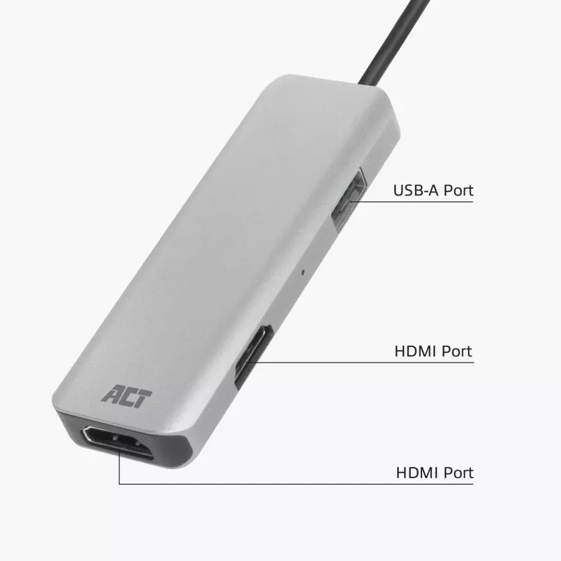 ACT USB-C 4K -multiport-sovitin 2 HDMI-näytölle, USB-A-dataliitäntä