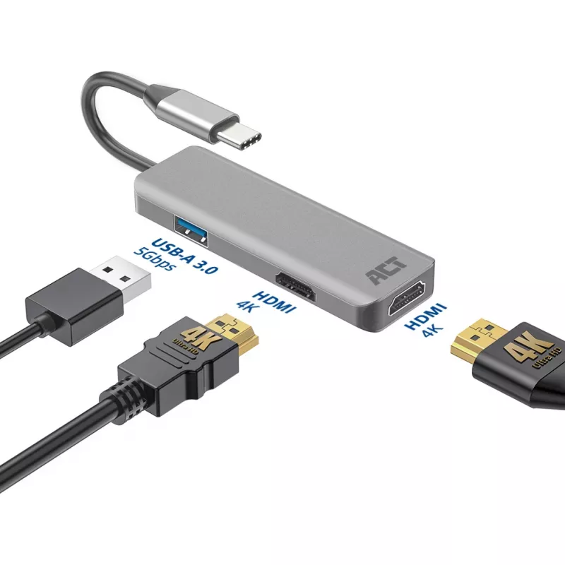 ACT USB-C 4K -multiport-sovitin 2 HDMI-näytölle, USB-A-dataliitäntä