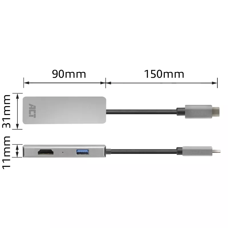 ACT USB-C 4K -multiport-sovitin 2 HDMI-näytölle, USB-A-dataliitäntä