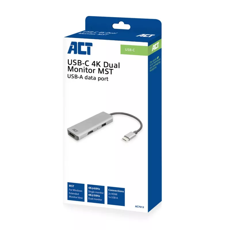 ACT USB-C 4K -multiport-sovitin 2 HDMI-näytölle, USB-A-dataliitäntä