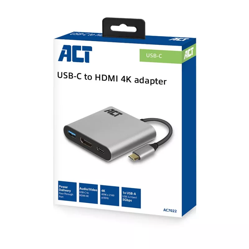 ACT USB-C-multiport-sovitin 1 HDMI-näytölle, 1x USB-A, PD-läpivienti