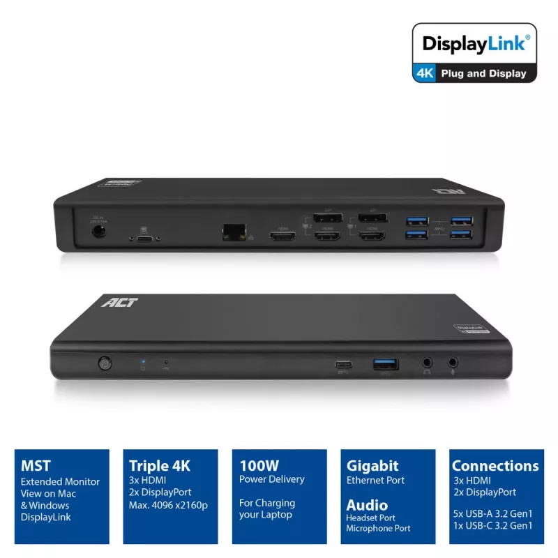 ACT USB-C-telakointiasema 4K, 2 tai 3 HDMI/DisplayPort-näytölle, DisplayLink