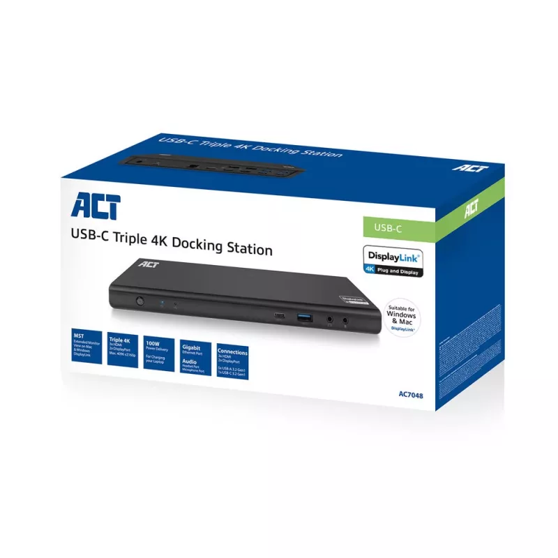 ACT USB-C-telakointiasema 4K, 2 tai 3 HDMI/DisplayPort-näytölle, DisplayLink