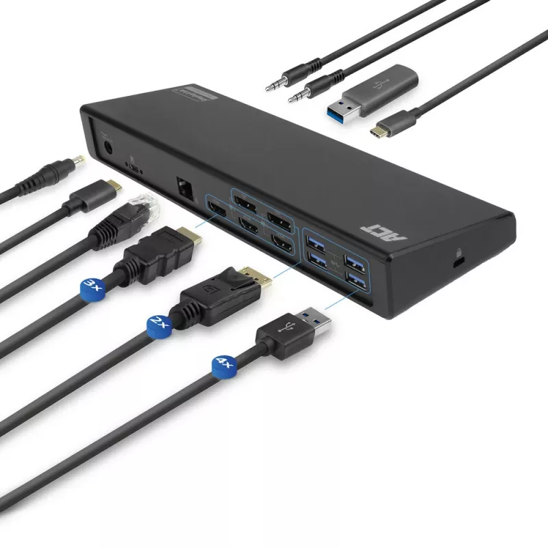 ACT USB-C-telakointiasema 4K, 2 tai 3 HDMI/DisplayPort-näytölle, DisplayLink