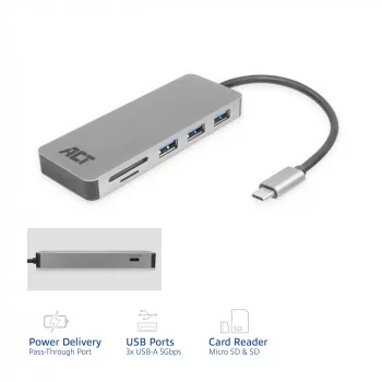 ACT USB-C-keskitin 3.0, 3x USB-A, kortinlukija, PD-läpivienti