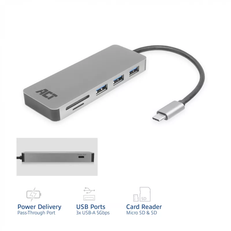 ACT USB-C-keskitin 3.0, 3x USB-A, kortinlukija, PD-läpivienti