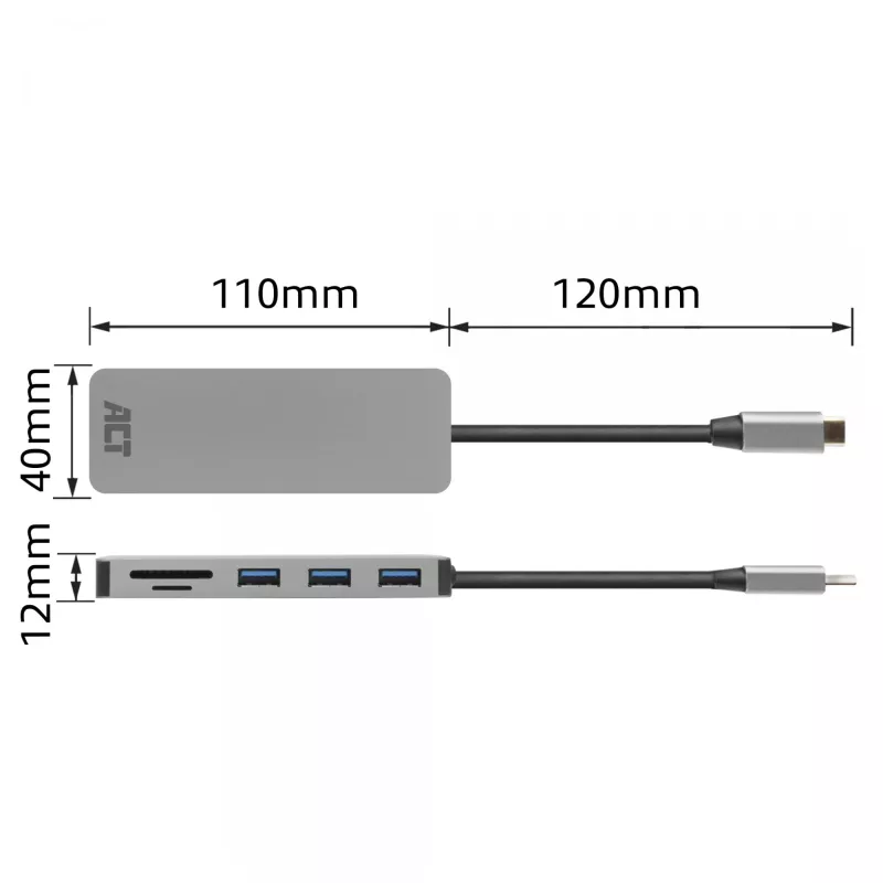 ACT USB-C-keskitin 3.0, 3x USB-A, kortinlukija, PD-läpivienti