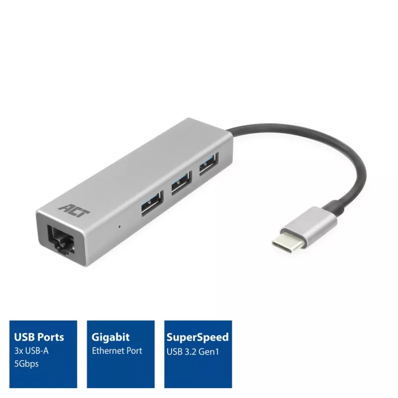 USB-C-keskitin ACT AC7055 3x USB-A Gigabit Ethernet