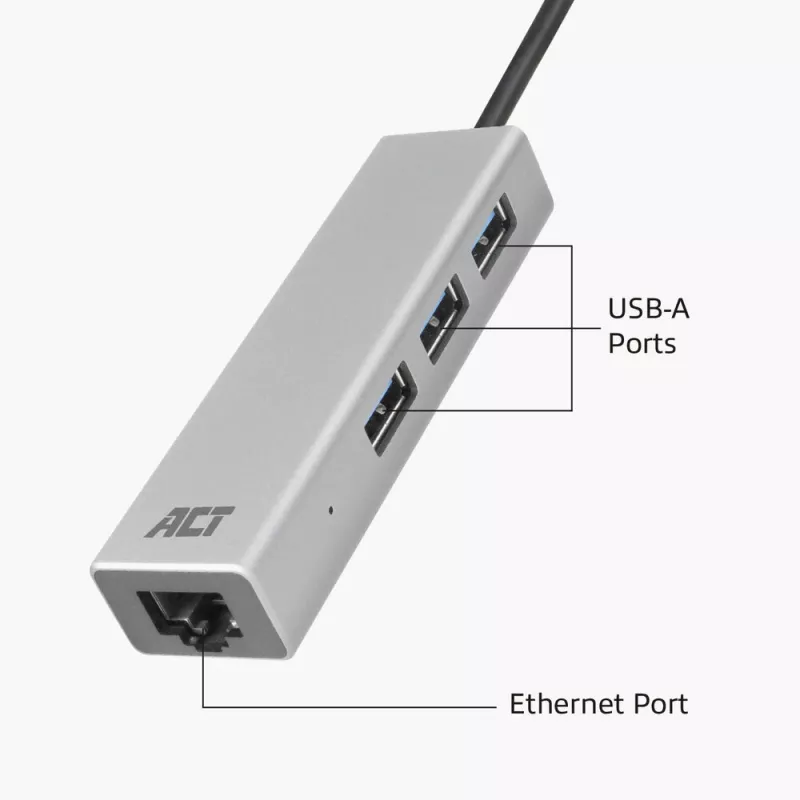 USB-C-keskitin ACT AC7055 3x USB-A Gigabit Ethernet