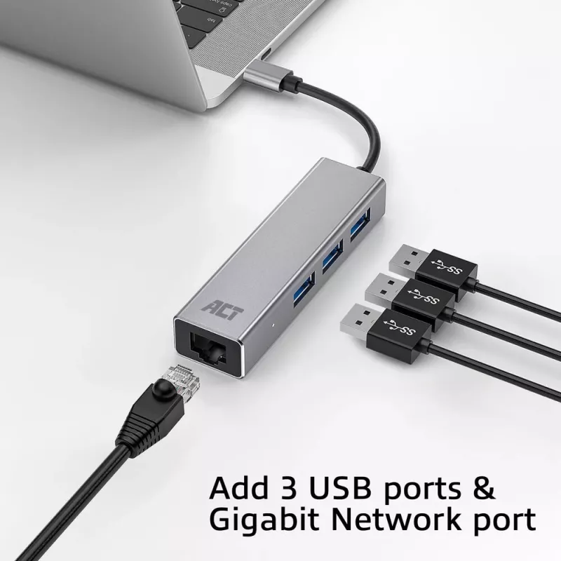 USB-C-keskitin ACT AC7055 3x USB-A Gigabit Ethernet