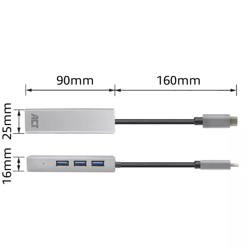 USB-C-keskitin ACT AC7055 3x USB-A Gigabit Ethernet