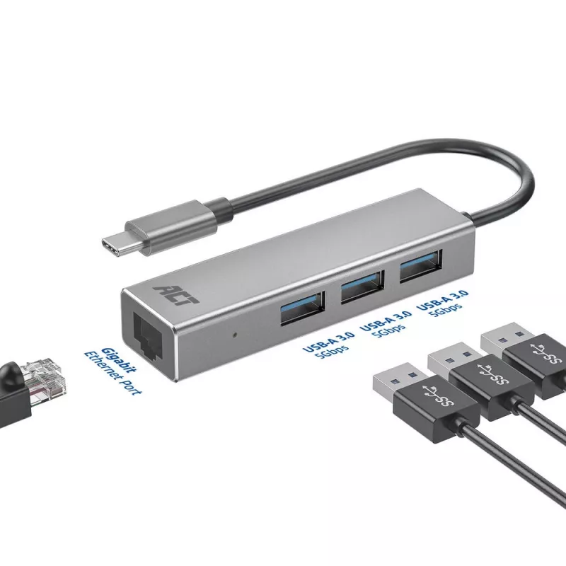 USB-C-keskitin ACT AC7055 3x USB-A Gigabit Ethernet