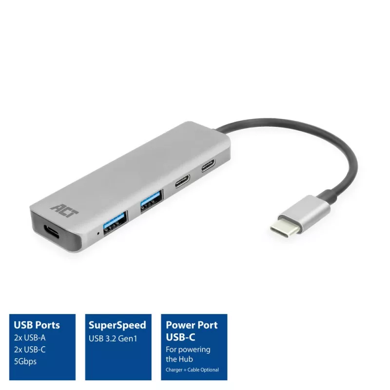 ACT AC7072 USB 3.2 Gen 1 Type-C -keskitin 5000 Mbit/s musta harmaa