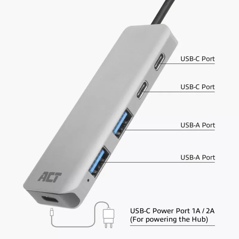 ACT AC7072 USB 3.2 Gen 1 Type-C -keskitin 5000 Mbit/s musta harmaa