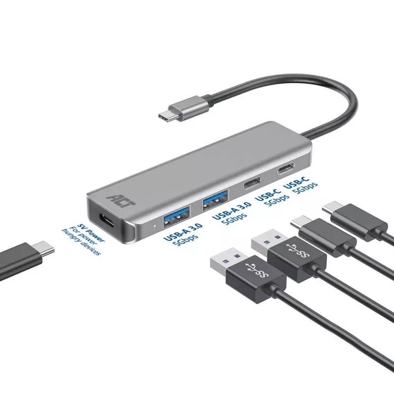 ACT AC7072 USB 3.2 Gen 1 Type-C -keskitin 5000 Mbit/s musta harmaa