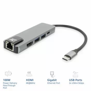 ACT USB-C 4K -telakointiasema 1 HDMI-näytölle, Ethernet, USB-A, PD-läpivienti