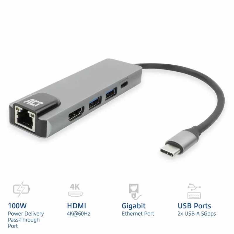 ACT USB-C 4K -telakointiasema 1 HDMI-näytölle, Ethernet, USB-A, PD-läpivienti