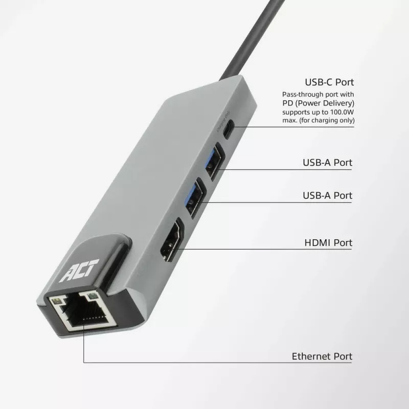 ACT USB-C 4K -telakointiasema 1 HDMI-näytölle, Ethernet, USB-A, PD-läpivienti