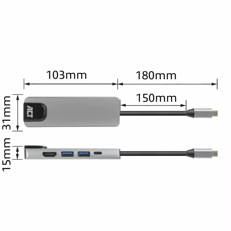 ACT USB-C 4K -telakointiasema 1 HDMI-näytölle, Ethernet, USB-A, PD-läpivienti