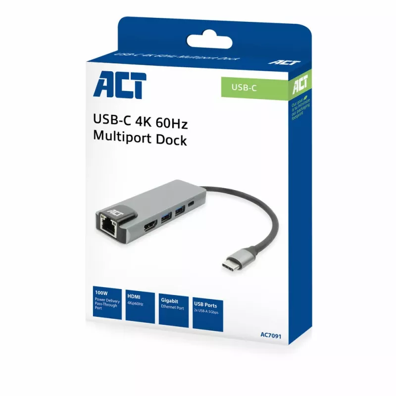 ACT USB-C 4K -telakointiasema 1 HDMI-näytölle, Ethernet, USB-A, PD-läpivienti
