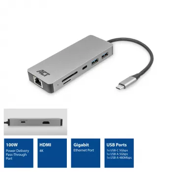 ACT USB-C 4K -telakointiasema 1 HDMI-näytölle, Ethernet, USB-C, USB-A, kortinlukija ja PD-läpivienti