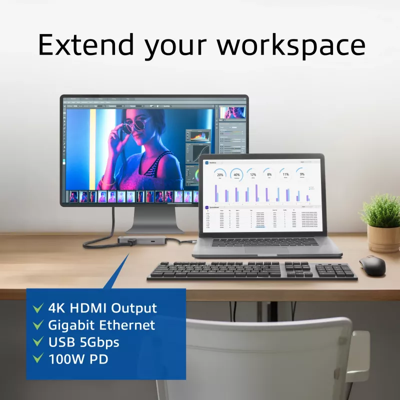 ACT USB-C 4K -telakointiasema 1 HDMI-näytölle, Ethernet, USB-C, USB-A, kortinlukija ja PD-läpivienti