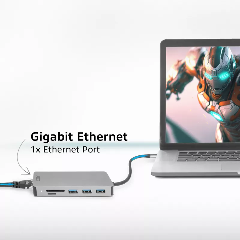 ACT USB-C 4K -telakointiasema 1 HDMI-näytölle, Ethernet, USB-C, USB-A, kortinlukija ja PD-läpivienti