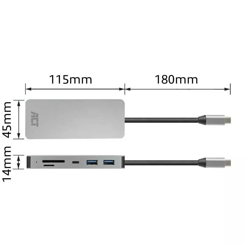 ACT USB-C 4K -telakointiasema 1 HDMI-näytölle, Ethernet, USB-C, USB-A, kortinlukija ja PD-läpivienti