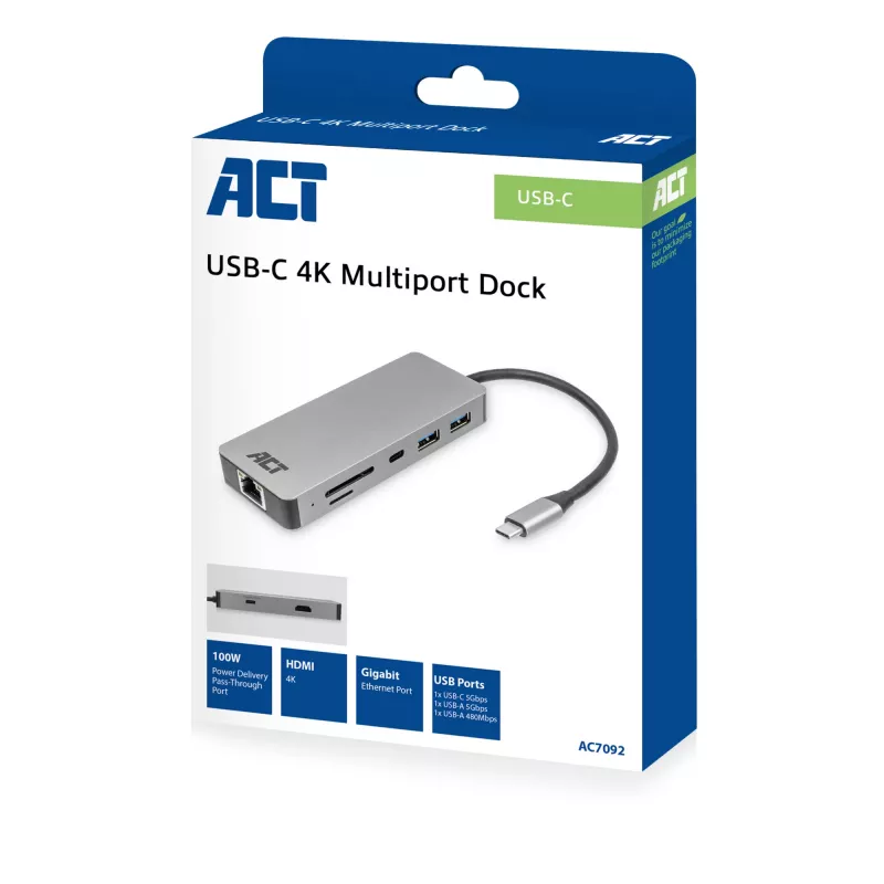 ACT USB-C 4K -telakointiasema 1 HDMI-näytölle, Ethernet, USB-C, USB-A, kortinlukija ja PD-läpivienti