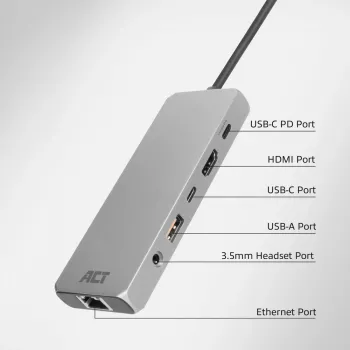 ACT USB-C 4K / 8K 30Hz -telakointiasema 1 HDMI-näytölle, 2,5 Gigabit Ethernet, USB-C 10Gbps, USB-A 10Gbps, 3,5 mm ääni, PD-läpivienti