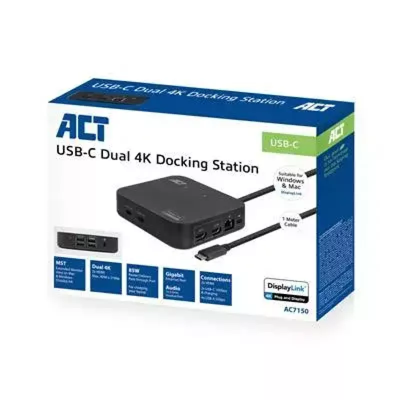 ACT universaali USB-C-telakointiasema 4K, 2 HDMI/DisplayPort-näytölle, DisplayLink, kompakti muotoilu