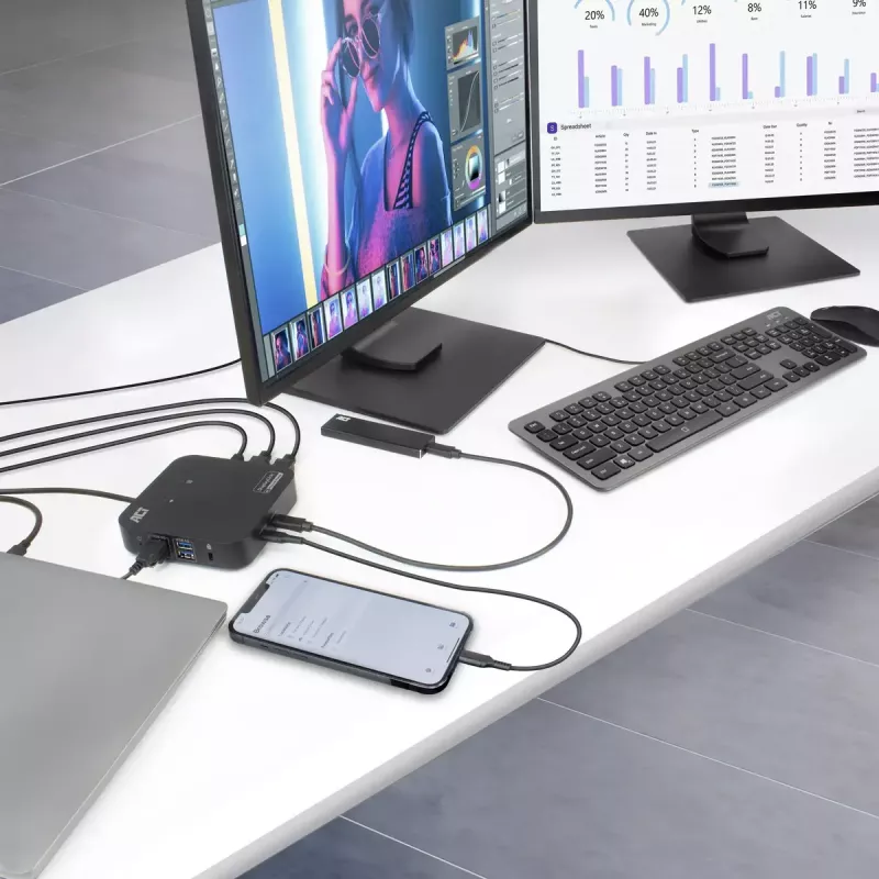 ACT universaali USB-C-telakointiasema 4K, 2 HDMI/DisplayPort-näytölle, DisplayLink, kompakti muotoilu