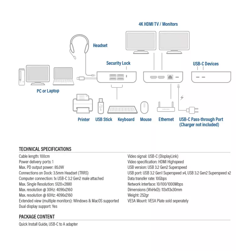 ACT universaali USB-C-telakointiasema 4K, 2 HDMI/DisplayPort-näytölle, DisplayLink, kompakti muotoilu