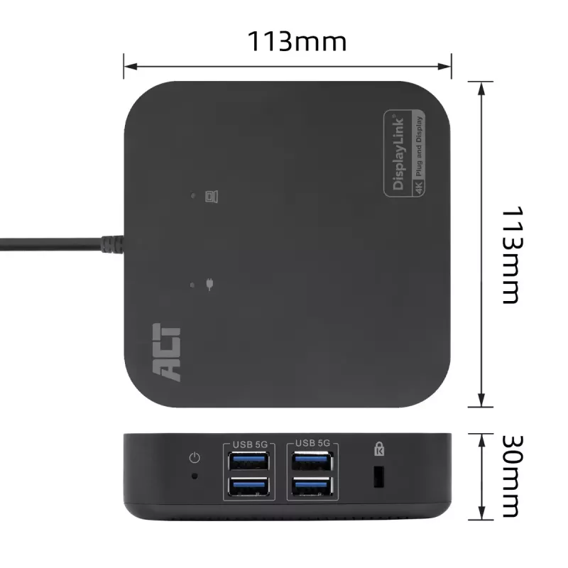 ACT universaali USB-C-telakointiasema 4K, 2 HDMI/DisplayPort-näytölle, DisplayLink, kompakti muotoilu