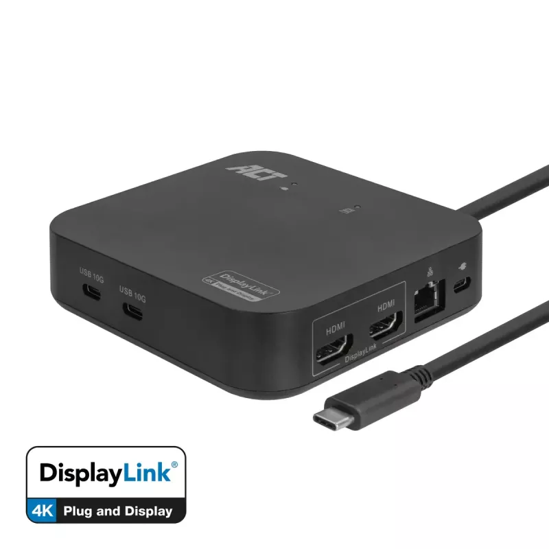 ACT universaali USB-C-telakointiasema 4K, 2 HDMI/DisplayPort-näytölle, DisplayLink, kompakti muotoilu
