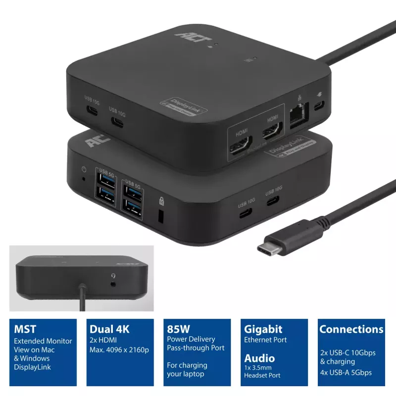ACT universaali USB-C-telakointiasema 4K, 2 HDMI/DisplayPort-näytölle, DisplayLink, kompakti muotoilu