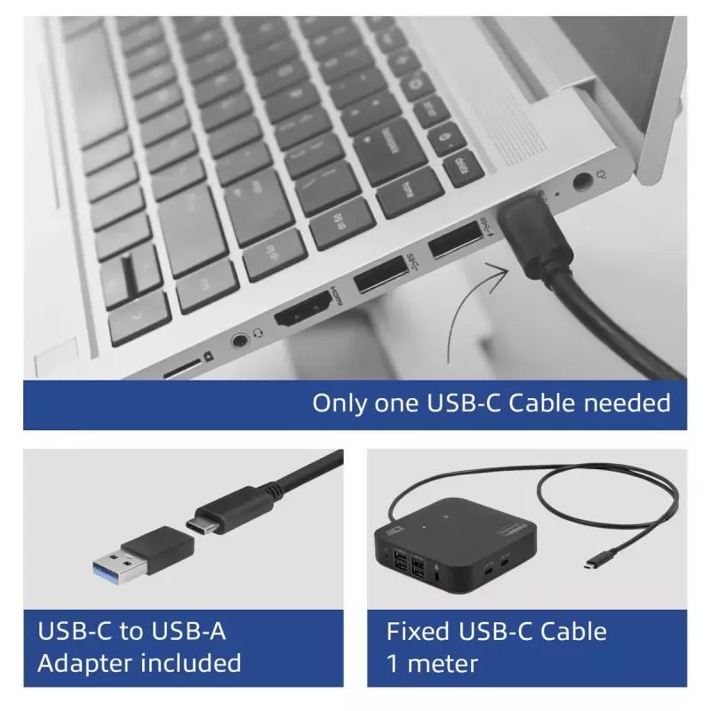 ACT universaali USB-C-telakointiasema 4K, 2 HDMI/DisplayPort-näytölle, DisplayLink, kompakti muotoilu