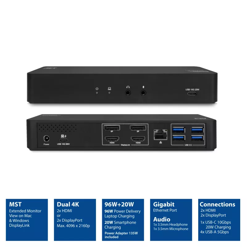 ACT USB-C-telakointiasema 4K, 2 HDMI- tai DisplayPort-näytölle, DisplayLink