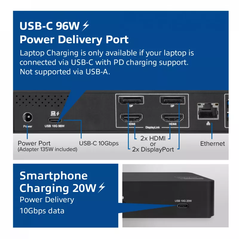 ACT USB-C-telakointiasema 4K, 2 HDMI- tai DisplayPort-näytölle, DisplayLink
